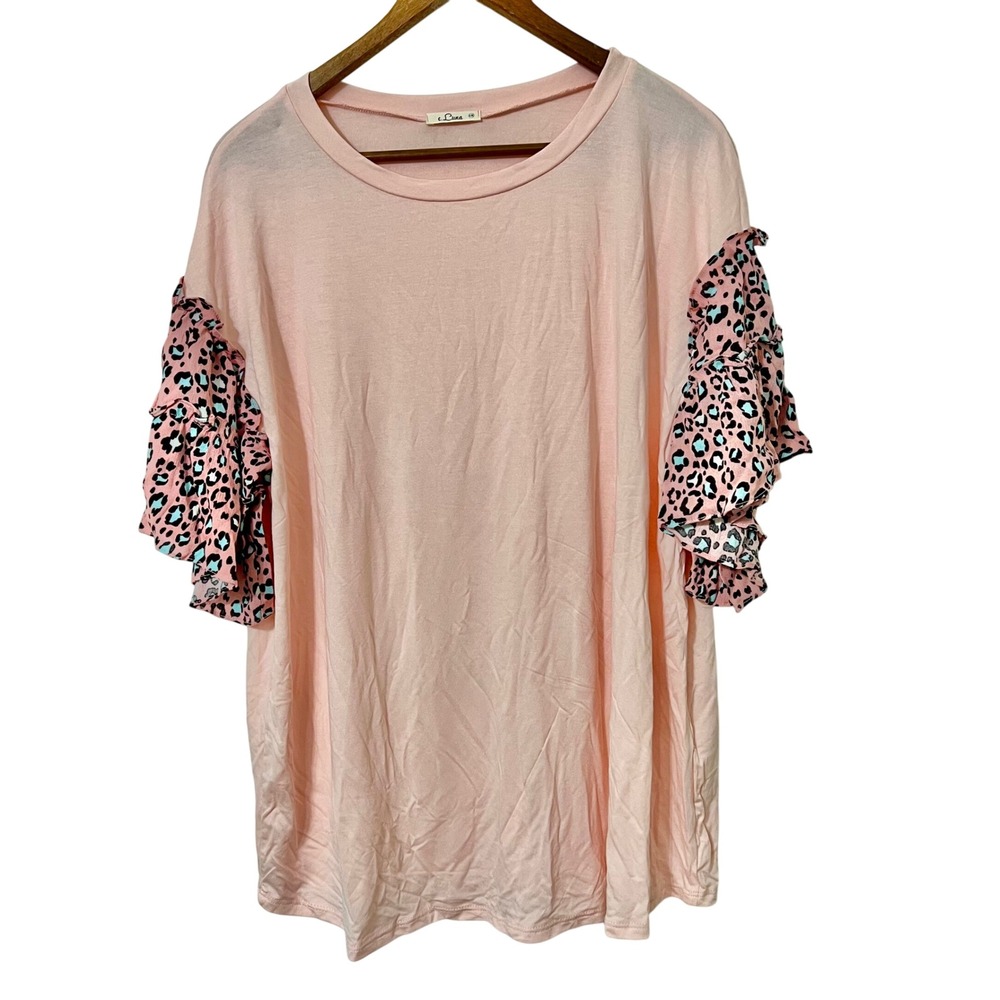 Women's Pink Ruffle Sleeve Leopard-Accent Blouse